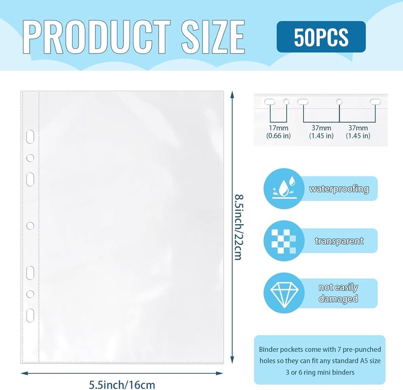 VOKOY 50 Pack 5.5x8.5 Inch Sheet Protectors for 3 or 6 Ring A5 Binder, Half Letter Size 7 Holes Mini Heavy-Duty Sheet Protector Sleeves Crystal Clear Playbill Binder Pockets - Image 2